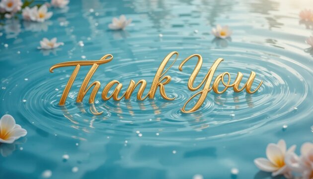 Elegant "Thank You" text with a golden shimmer floats on calm blue water surrounded by white and pink lotus flowers and gentle ripples.