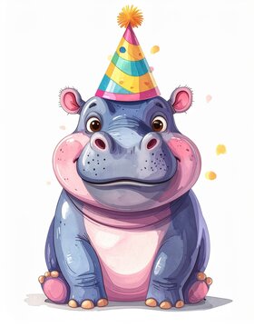 A cute, cartoon hippopotamus wearing a colorful party hat, depicted with bright colors and a cheerful expression.