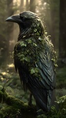Fototapeta premium Forest Guardian Raven with Living Leaves and Vines