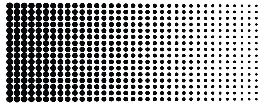 Central halftone dot gradient texture with dense center fading outward, black comic pop art raster background. Abstract geometric texture with faded black and white rectangle prints. Vector illustrati