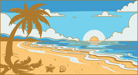 Obraz premium Beach scene illustration with palm tree ocean waves and sun vector design