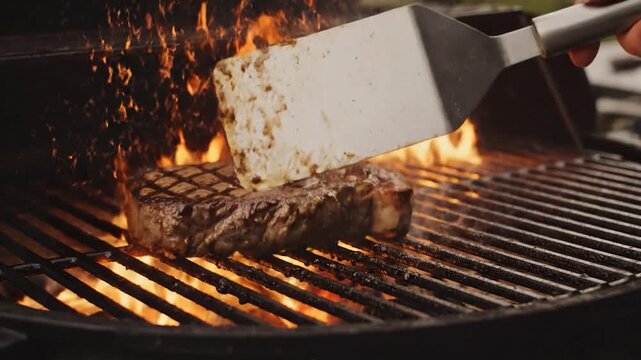 A juicy cut of cooked meat sizzles on a hot grill, with flames rising in the background, ready for a delicious meal