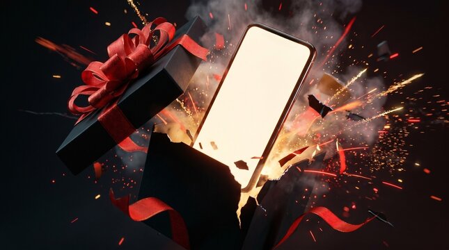 Smartphone emerging from exploding black gift box with ribbon
