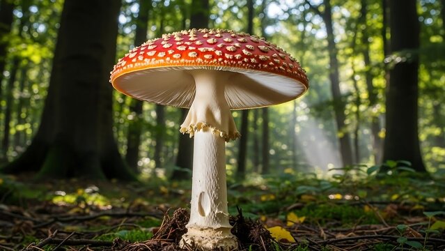 Amanita muscaria mushroom in forest.