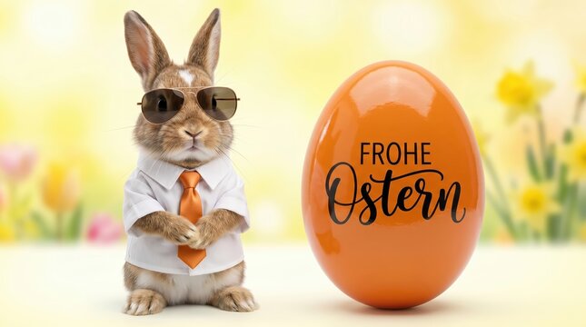 Brown rabbit wearing sunglasses and a white shirt with an orange tie standing next to a large orange easter egg with the german text frohe ostern written in black cursive script on a yellow background