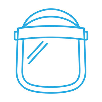 A simple blue line illustration of a protective face shield, commonly used for safety and health precautions