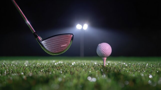 Golf club poised above a ball resting on a tee under bright stadium lighting at night