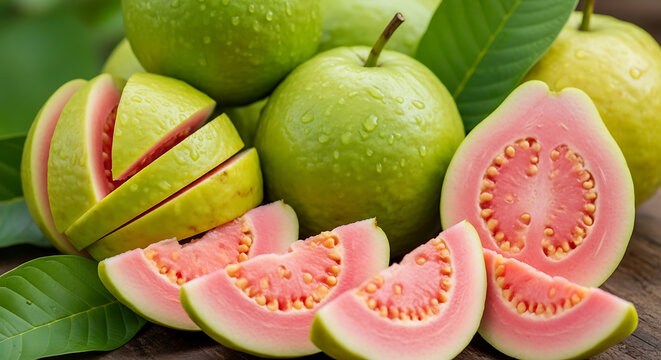 fresh guavas green and pink juicy slices on transparent background high quality