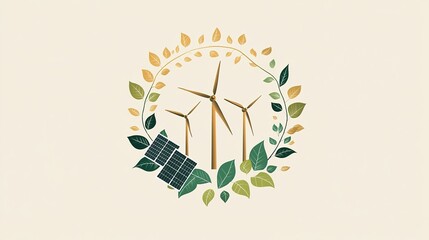 Obraz premium A circular, flat vector emblem, incorporating a wind turbine and solar panels, surrounded by green vines, symbolizes renewable energy and environmentally friendly power generation technologies.