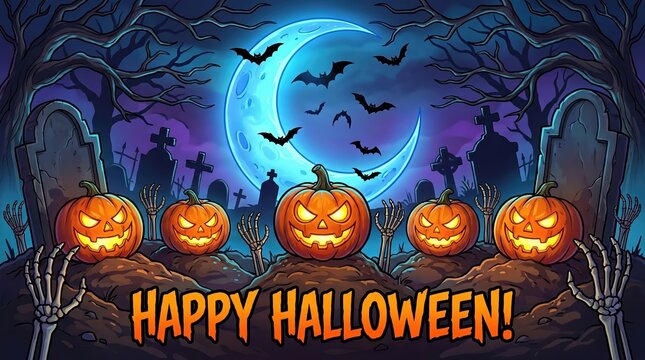 Happy halloween featuring glowing jack o lanterns in a dark graveyard with a crescent moon and flying bats under bare tree branches with skeleton hands reaching from the ground