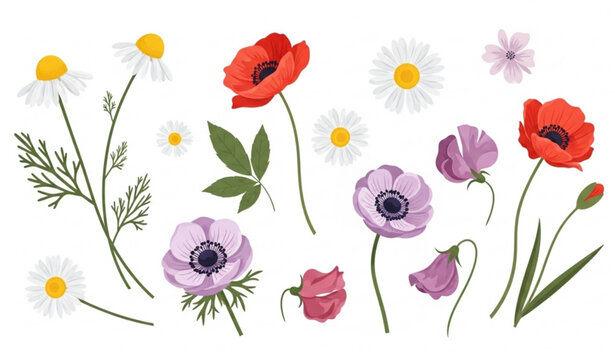 Spring summer flowers scattered vector illustration chamomile poppy anemone sweet pea decorative floral design isolated on white
