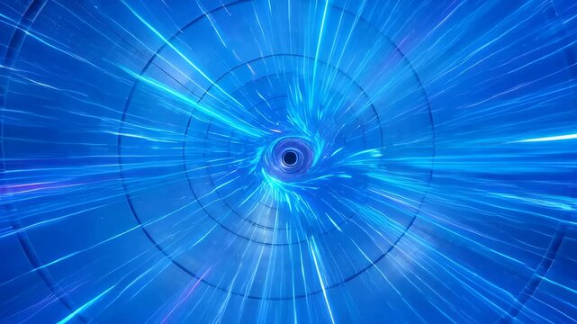 Abstract blue light tunnel futuristic motion glowing streak radial burst energy speed digital vortex perspective with circular ring pattern and dark depth, blue neon lines purple glow luminous