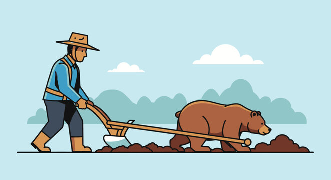 Farmer plowing field with bear cartoon illustration agriculture concept