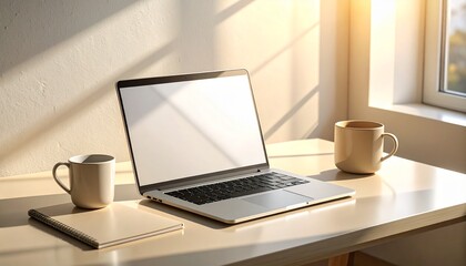 Fototapeta premium Laptop and coffee cups on a desk near a sunny window with notebook