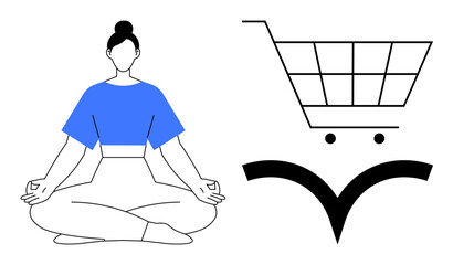 Wellness, mindfulness, e-commerce, balance, modern lifestyle, decision-making. A woman meditating next to a shopping cart and a checkmark symbol. Wellness and e-commerce concept © robu_s