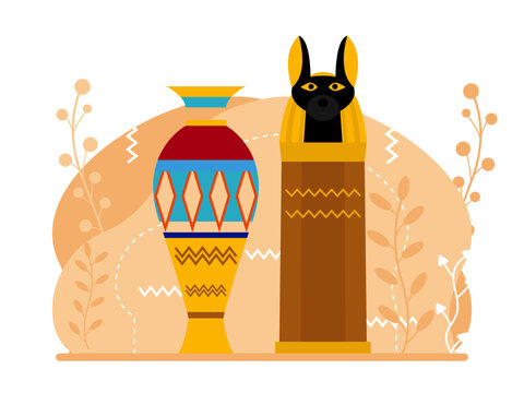 Anubis, the ancient Egyptian god of mummification and the afterlife, commonly associated with rituals of death and protection. Egyptian illustrations. Flat vector concepts.