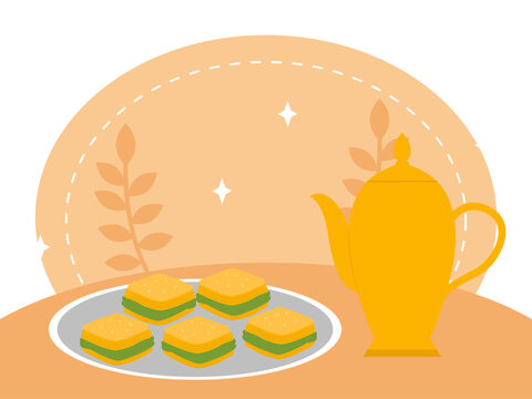 Arabic sweets such as baklava or similar pastries. Egyptian illustrations. Flat vector concepts.