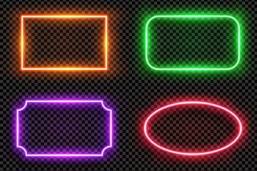 Naklejka premium Realistic oval and rectangle colored led neon tube frames isolated on transparent background. Light effect photo frame. Detailed vector illustration
