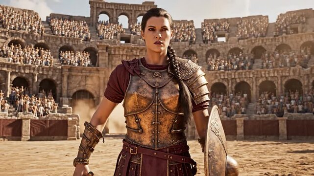 Female Gladiator Warrior in Ancient Roman Colosseum Arena with Sword and Shield.