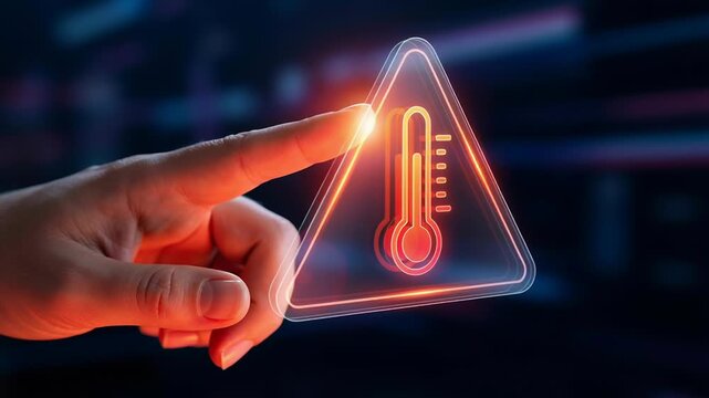 High temperature warning glowing bright as finger points to extreme hot weather danger sign indicating risk of overheat and potential hand injury from glowing thermometer icon