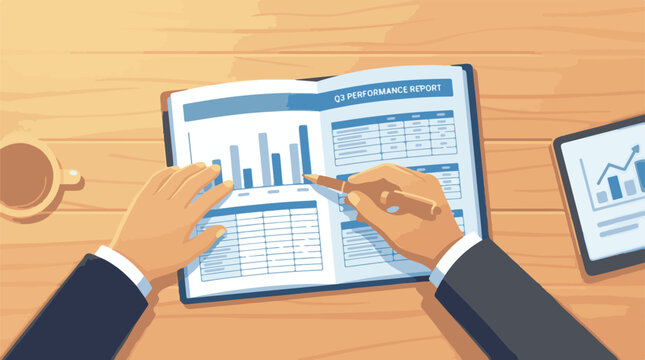 Person Analyzing Q3 Performance Report on Wooden Desk