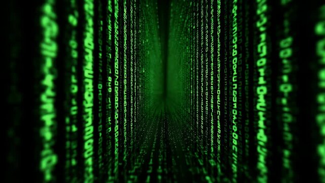 Digital tunnel made of green matrix code flowing downwards creating abstract computer cyberspace motion background.