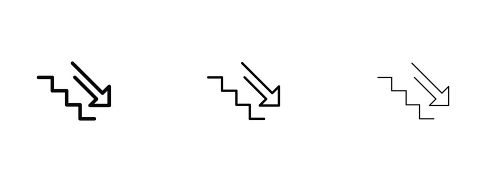 Minimalist stairs down icon set, black line vector staircase with downward arrow, modern wayfinding symbols for basement and exit navigation
