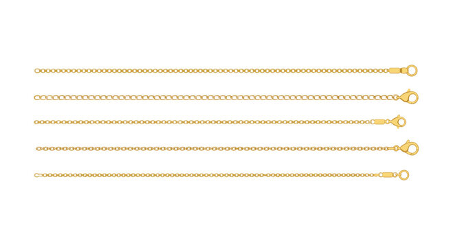 Five distinct thin gold chains with varying lobster claw and spring ring clasps are arranged horizontally on a plain light background for jewelry display.