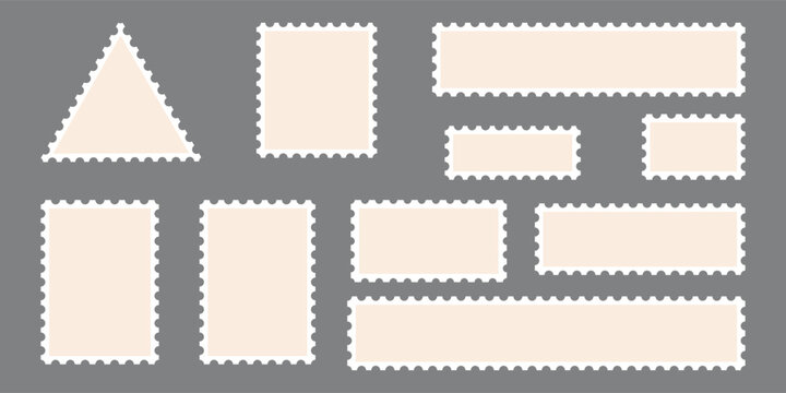 Blank post stamp icons set. Postage frame form, vintage empty postcard stamp frame with perforated border, mail delivery sticker template, philately element. Postage stamp icons vector illustration. 