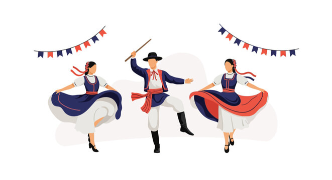 Dynamic group of dancers performing energetic folk dance movements