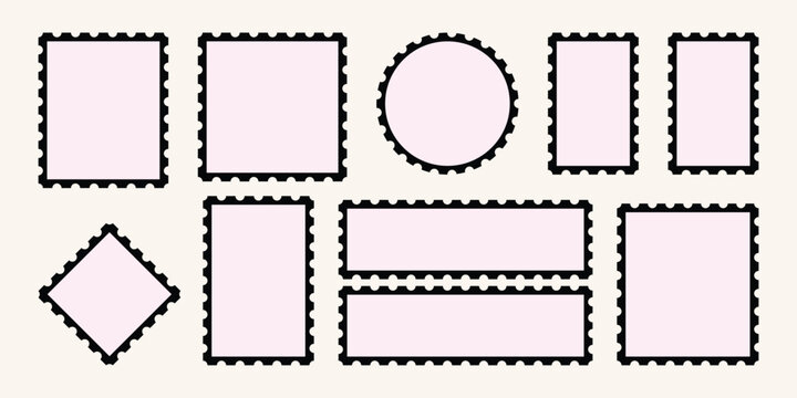 Empty postage stamp borders set. Vintage stamp style frames with rough distressed edges. Various geometric shapes create classic postal aesthetics.  Vector illustration.