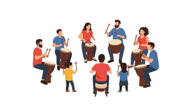Diverse community gathering in an outdoor circle engaging in vibrant communal drumming and rhythmic music activity