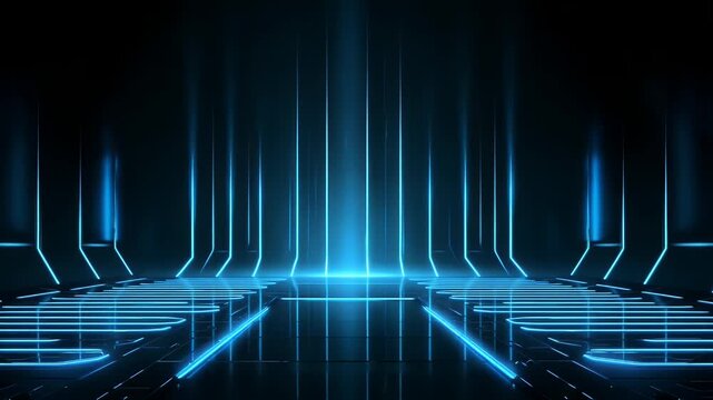 Futuristic digital stage background with neon blue light rays on dark floor showing high technology style motion graphics footage for corporate presentation or cyber space virtual studio set.