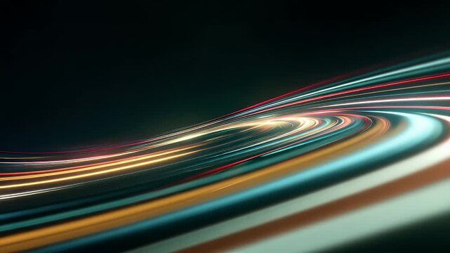 Abstract background showcases dynamic motion with vibrant, colorful light trails curving and streaking across a dark backdrop, creating a sense of speed and fluidity with digital lines.
