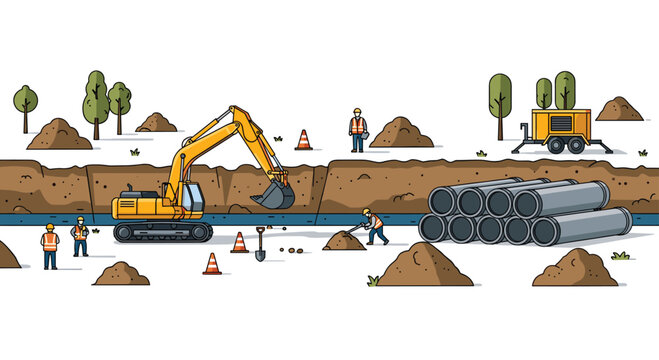 Professional construction workers and a yellow excavator operate on a massive open trench project featuring large gray industrial pipes laid out on a flat field.