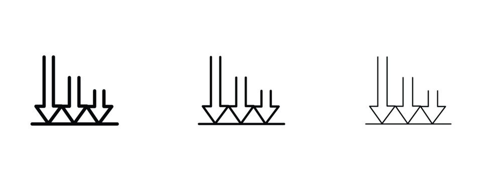 Minimalist downward arrow icons in three stroke weights, black linear vector symbols for download and decrease, modern UI design elements