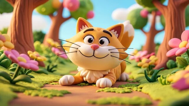 Cartoon cat resting in a playful garden environment