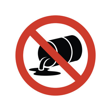 No pollution prohibition icon featuring barrel dumping liquid in red circle, clean vector design for environmental safety, waste control, and protection rules