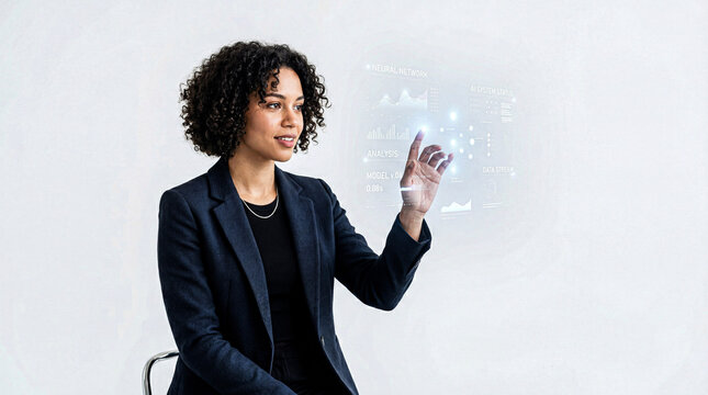 Minimalist Portrait of Person Using AI Hologram Interface on Clean Background