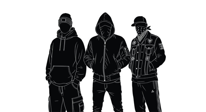A trio of figures sporting black hoodies and jackets paired with a bandana and a snapback hat stand in a line against a solid white background.