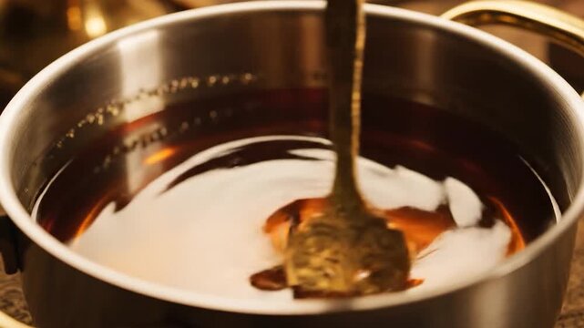 A close-up shot of a golden liquid being poured into a metal pot, creating a visually appealing effect with a warm, inviting tone