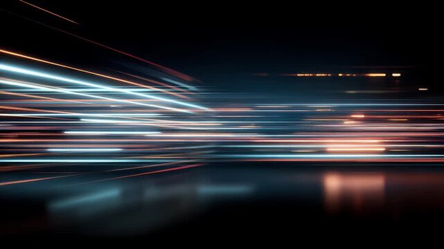 Abstract digital light streaks move across dark background representing high speed data transfer with neon glowing lines creating cinematic motion effect for futuristic technology concepts.