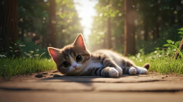 Playful kitten on pathway outdoors with sunlight and natural background