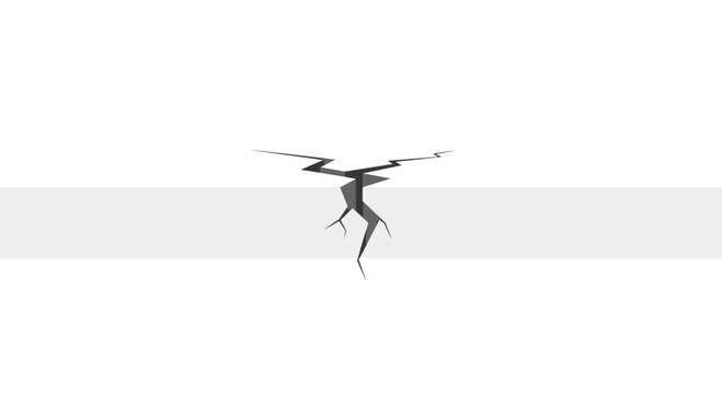 A sharp jagged black crack splits through a simple horizontal grey bar against a clean white background in this minimalist vector graphic design for modern industrial themes.