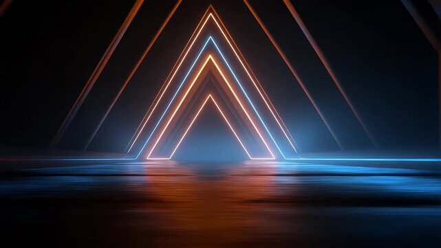 Futuristic tunnel with abstract glowing neon geometric shapes forming an archway with reflective floor and atmospheric fog creating a dynamic virtual environment for technology and science themes.