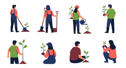 Fototapeta premium Diverse people planting young trees and digging soil with shovels for environmental conservation and reforestation