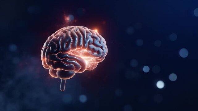 Glowing human brain animation with pulsating electric sparks and ethereal bokeh, rotating slowly against a dark blue abstract background, symbolizing intelligence, creativity