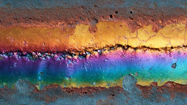 Abstract macro photograph of oil slick on water surface.