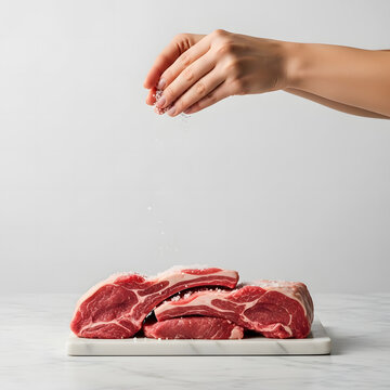 Hand seasoning raw mutton with salt, cooking preparation concept.