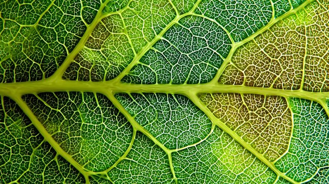 Macro photography of a vibrant green and yellow leaf with intricate vein patterns.